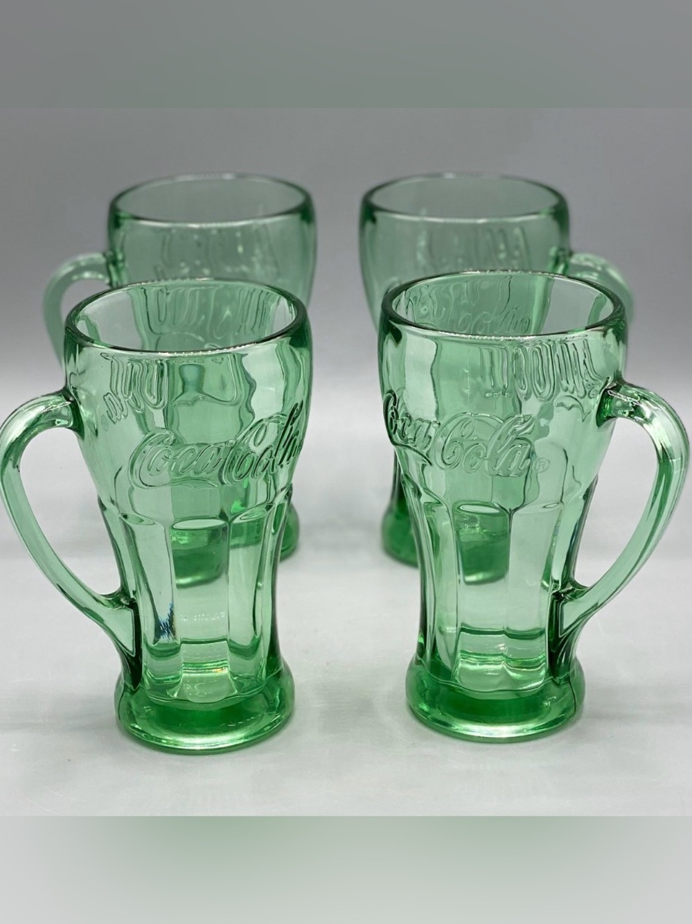 Coca Cola Green Glass Mugs with Embossed Logo - Set of 4